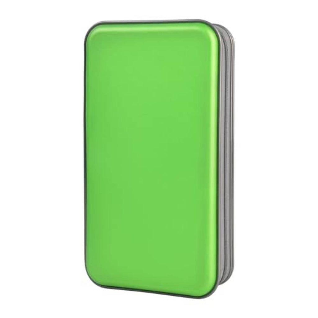 Green hard plastic CD/DVD case organizer with gray zipper along the side