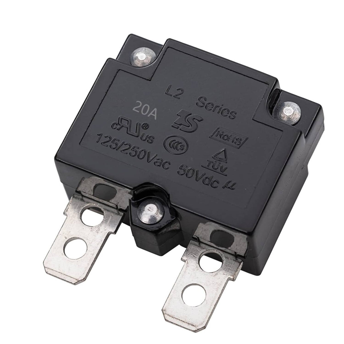 20A auto-reset circuit breaker, L2 Series, angled view with metal terminals