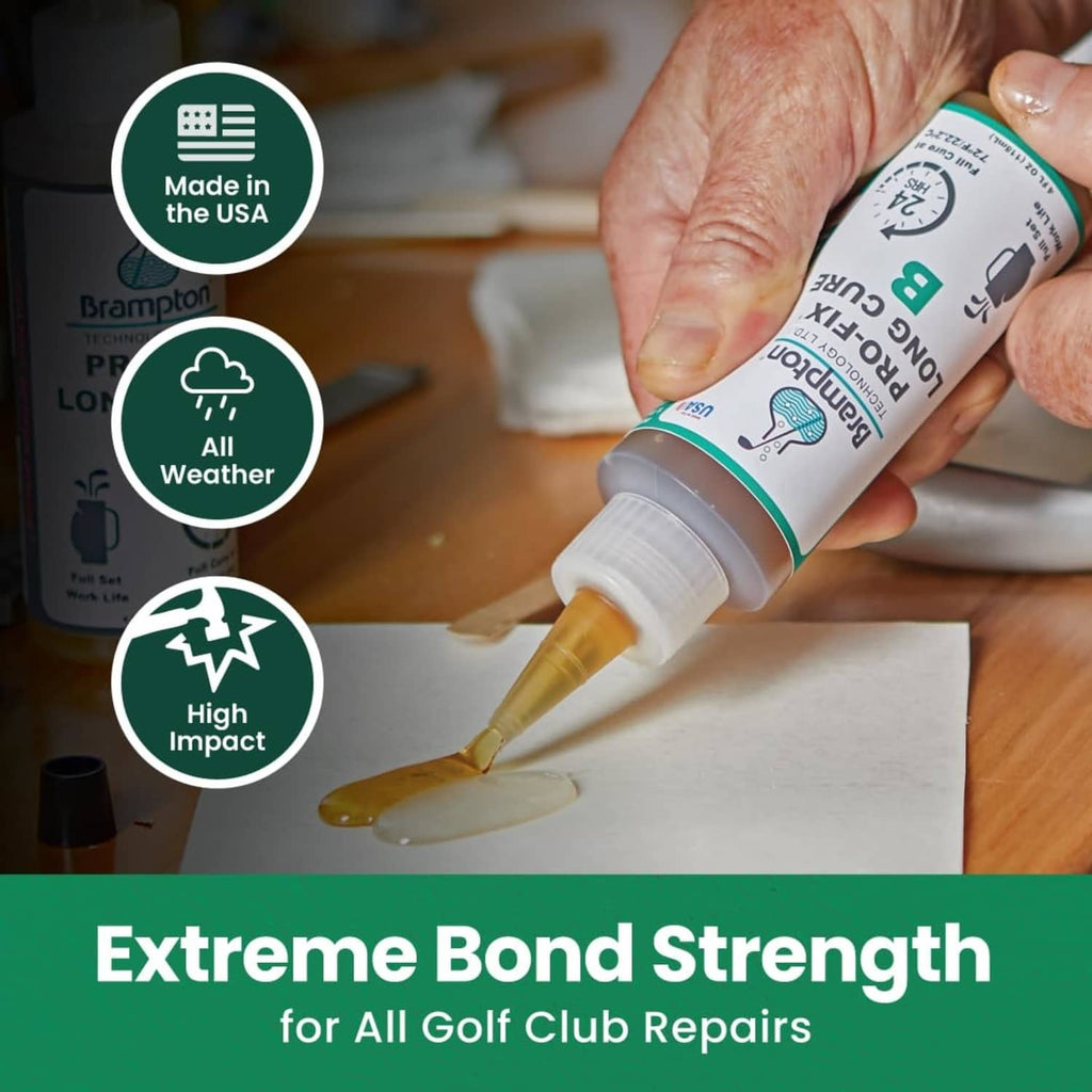 Hand holding epoxy cartridge dispensing golden resin onto a repair surface