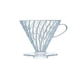 Clear plastic V60 size 03 coffee dripper with handle and fluted cone