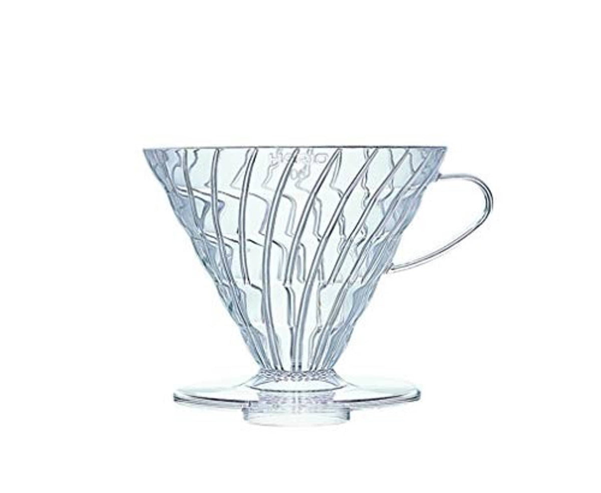 Clear plastic V60 size 03 coffee dripper with handle and fluted cone