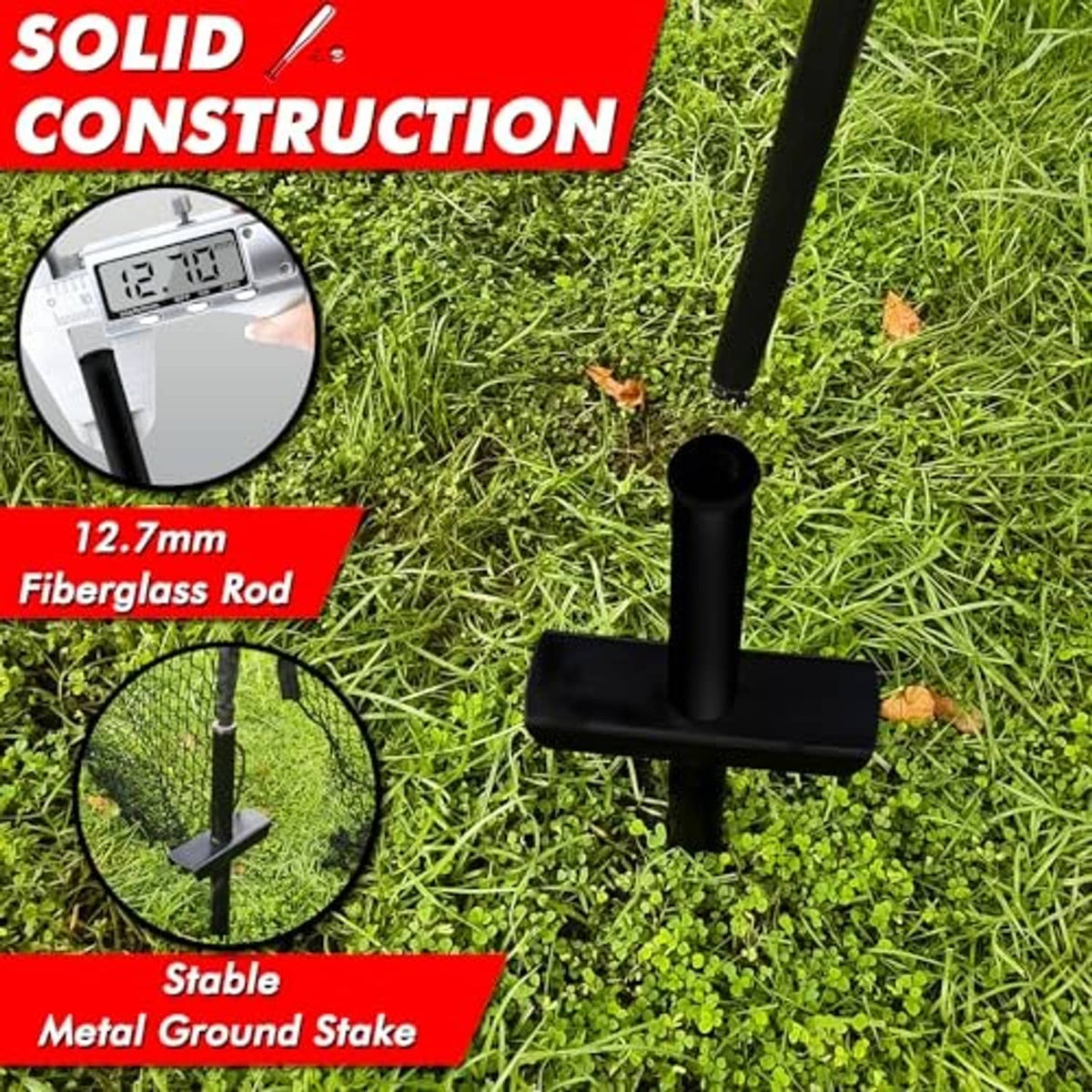 Metal ground stake base with fiberglass rod for stable batting cage anchoring