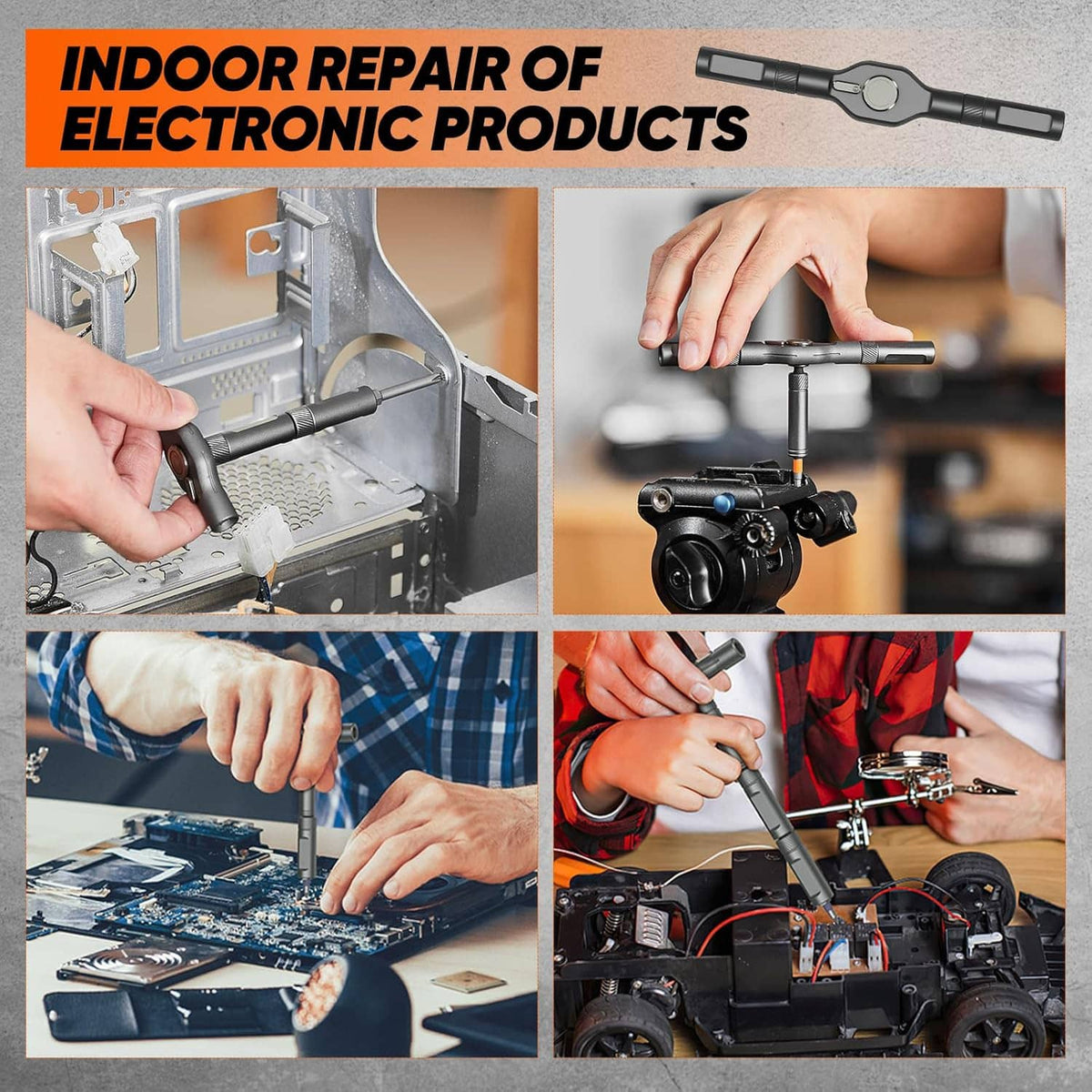 Ratchet screwdriver with interchangeable bits attached, used for electronic repairs