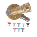 Brass pressure washer pivoting coupler with adjustable nozzle outlet and 8 colored tips