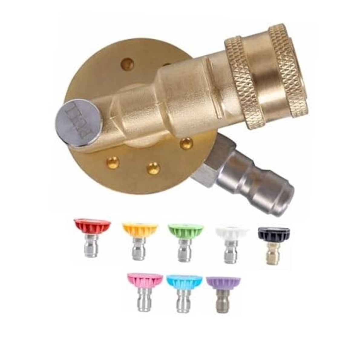Brass pressure washer pivoting coupler with adjustable nozzle outlet and 8 colored tips