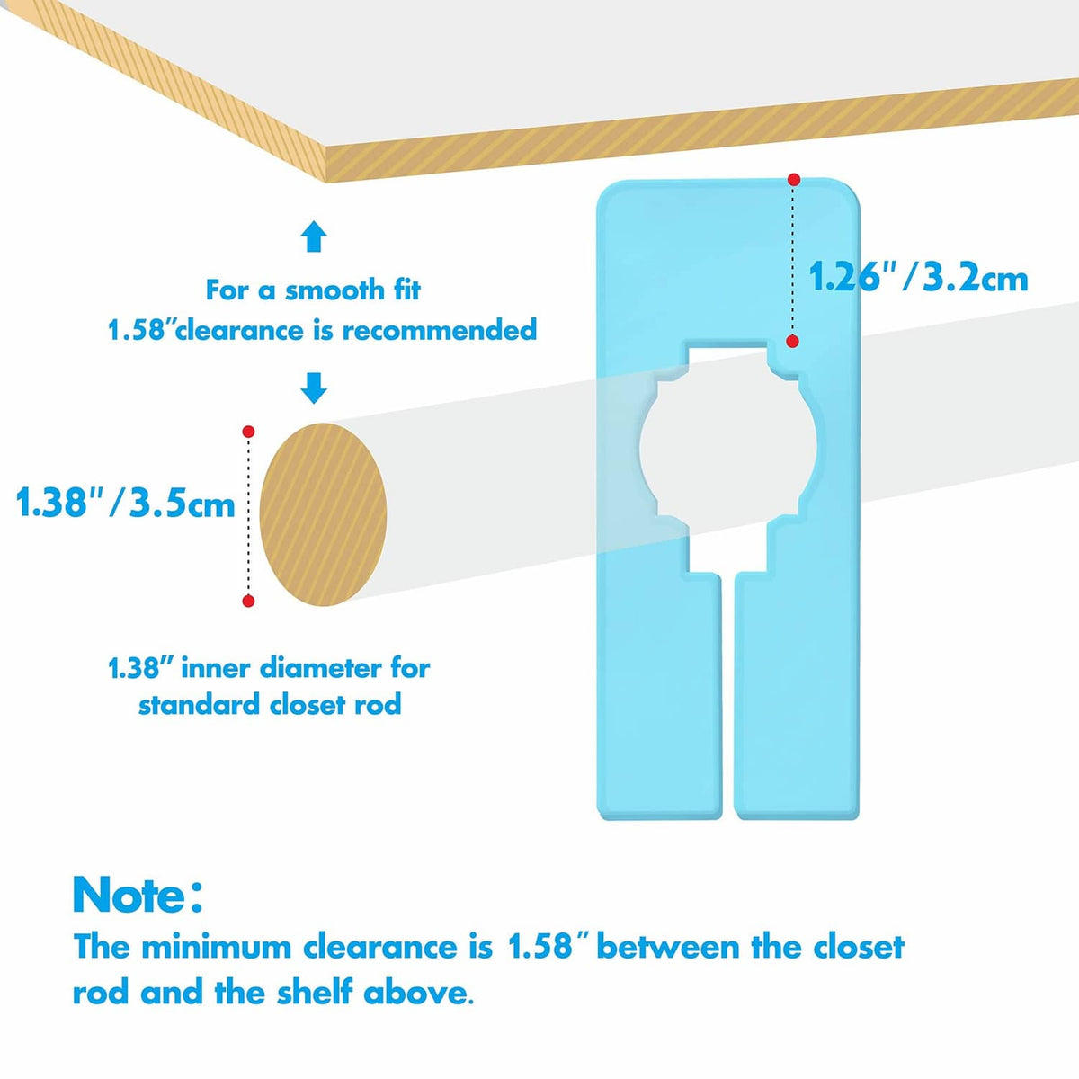 Blue closet rack divider insert with cutout for a standard closet rod