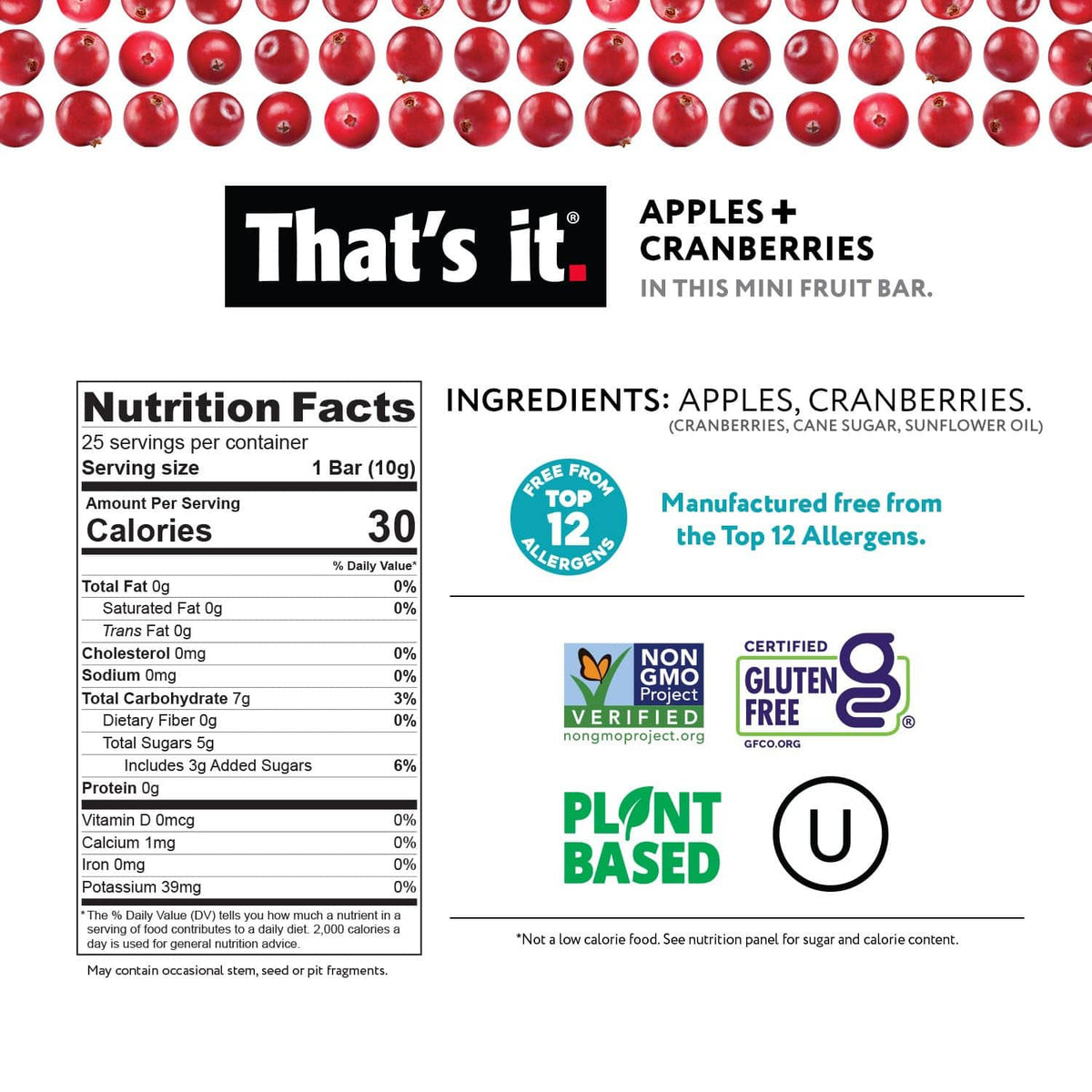 Apples+cranberries mini fruit bar nutrition facts and ingredients panel