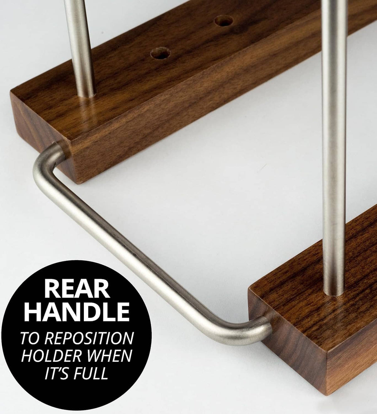 Walnut record stand with rear handle and curved metal guard frame