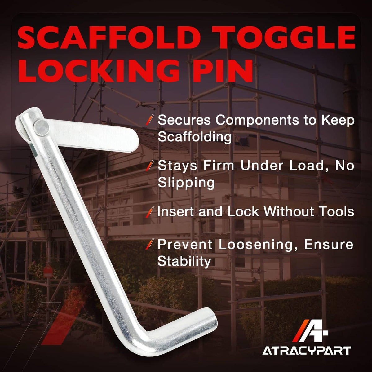 Galvanized steel scaffolding toggle locking pin with long U-shaped lever arm.