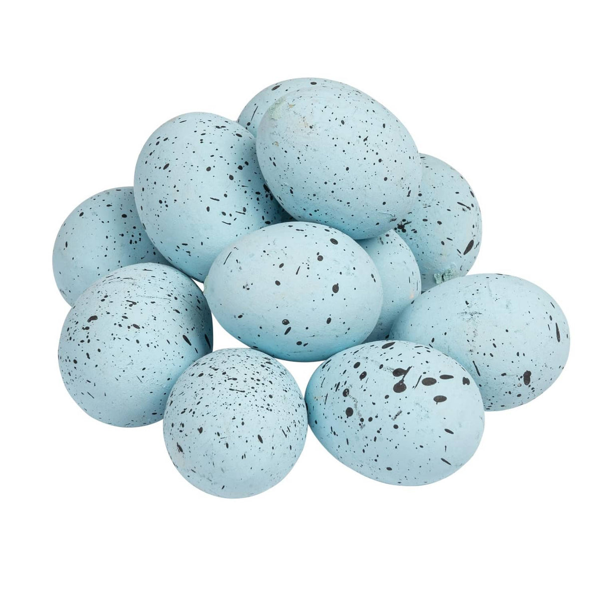 Pile of blue speckled ceramic eggs, speckled with dark flecks