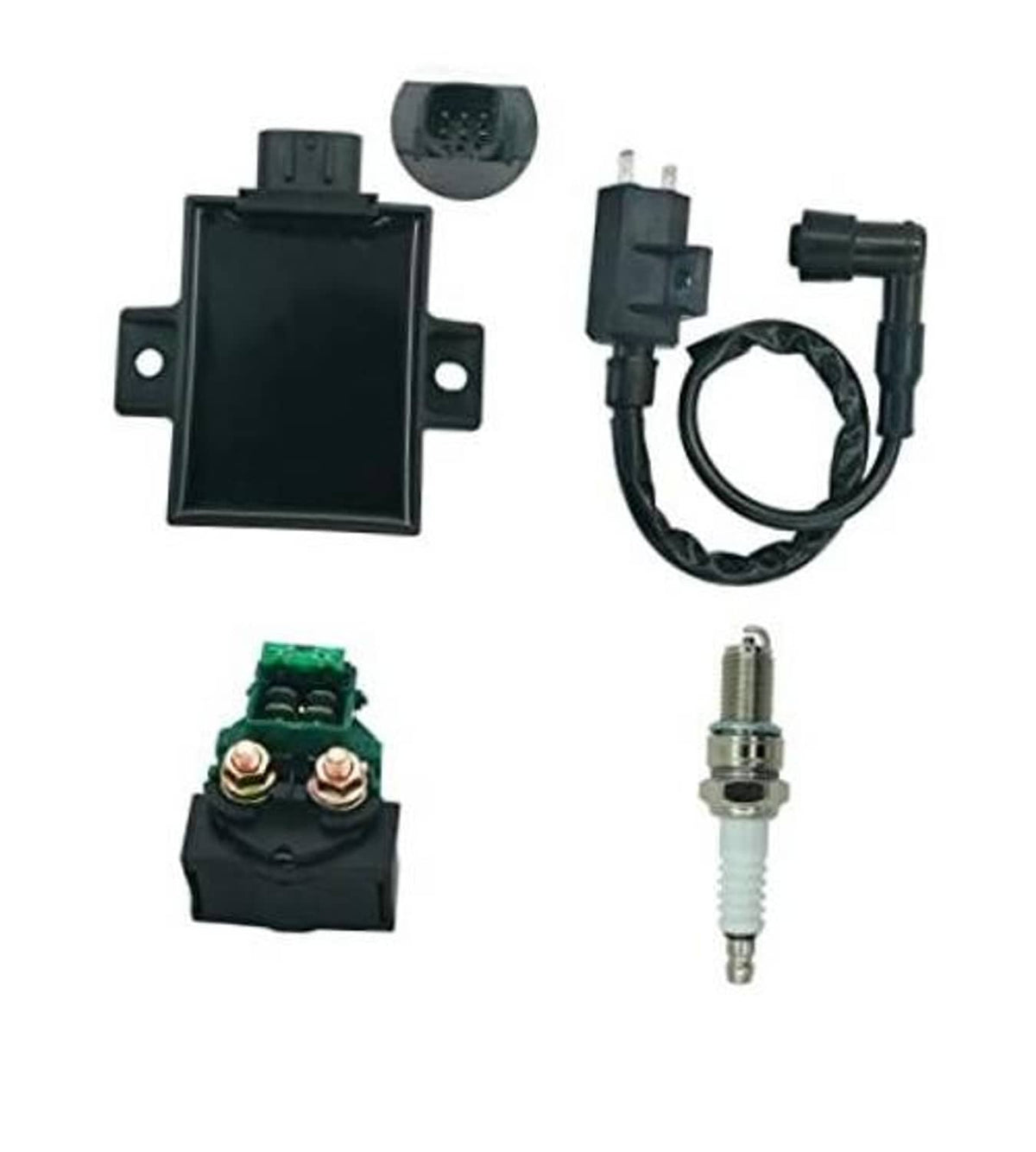 Ignition control kit: CDI box, relay, wiring harness, and spark plug