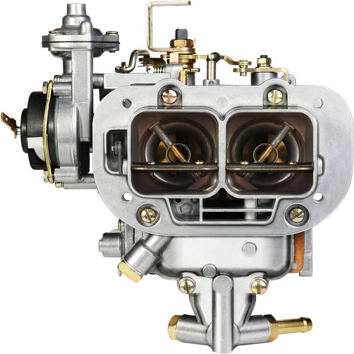 Two-barrel carburetor front view showing twin intake openings and brass fittings
