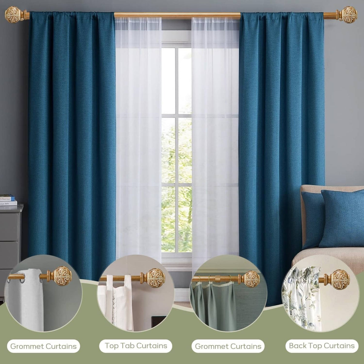 Double curtain rod with natural wood finials, holding teal grommet curtains