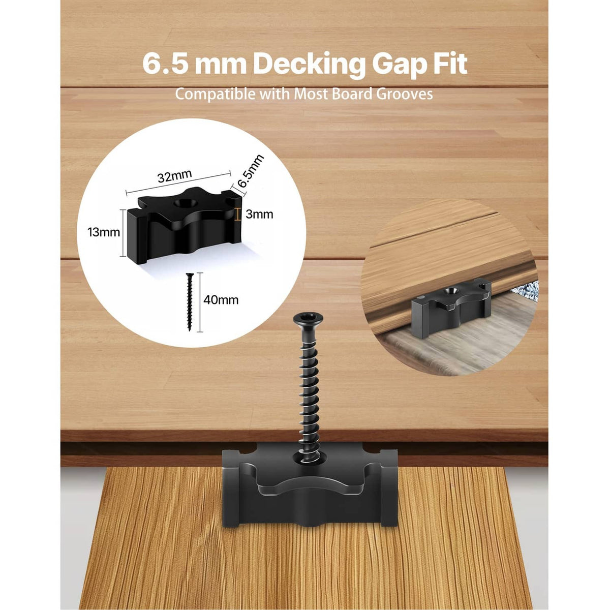 Black T-clip deck fastener with screw, sized for a 6.5 mm decking gap