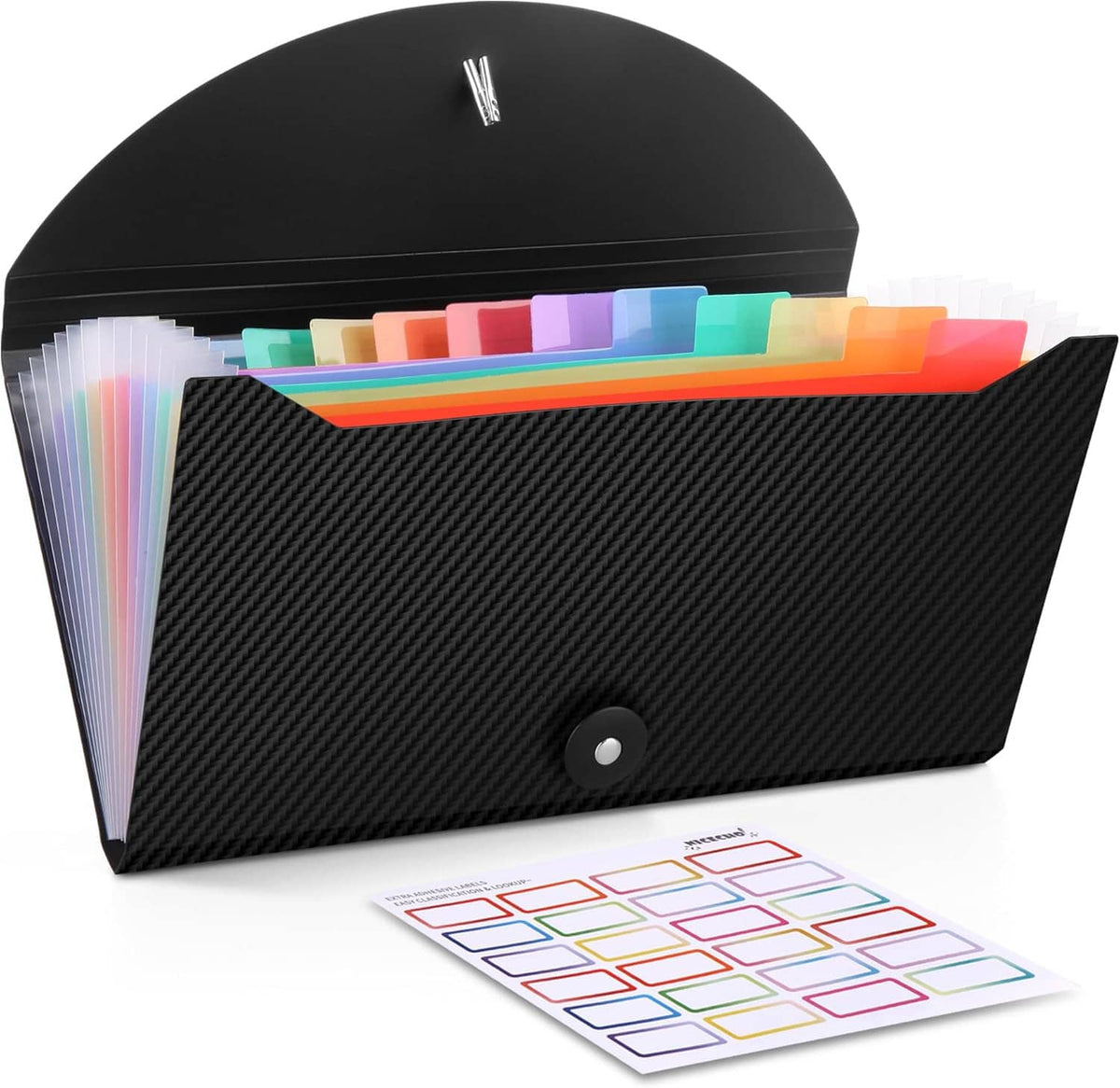 Black carbon-fiber accordion receipt coupon organizer with snap button and label sheets
