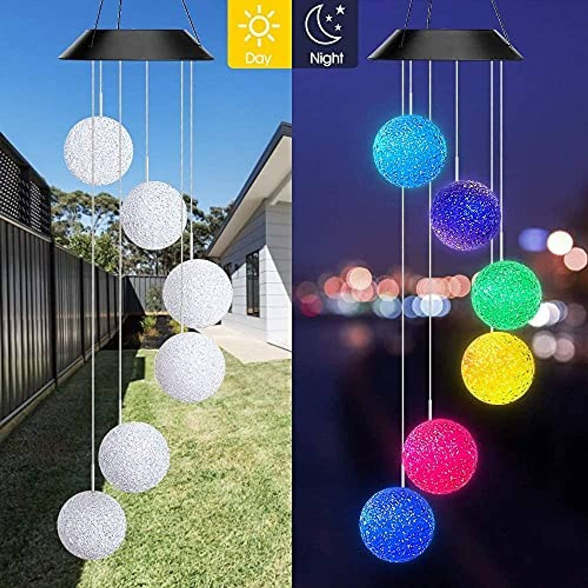 Color-changing solar wind chime with hanging glitter crystal balls glowing in vivid colors