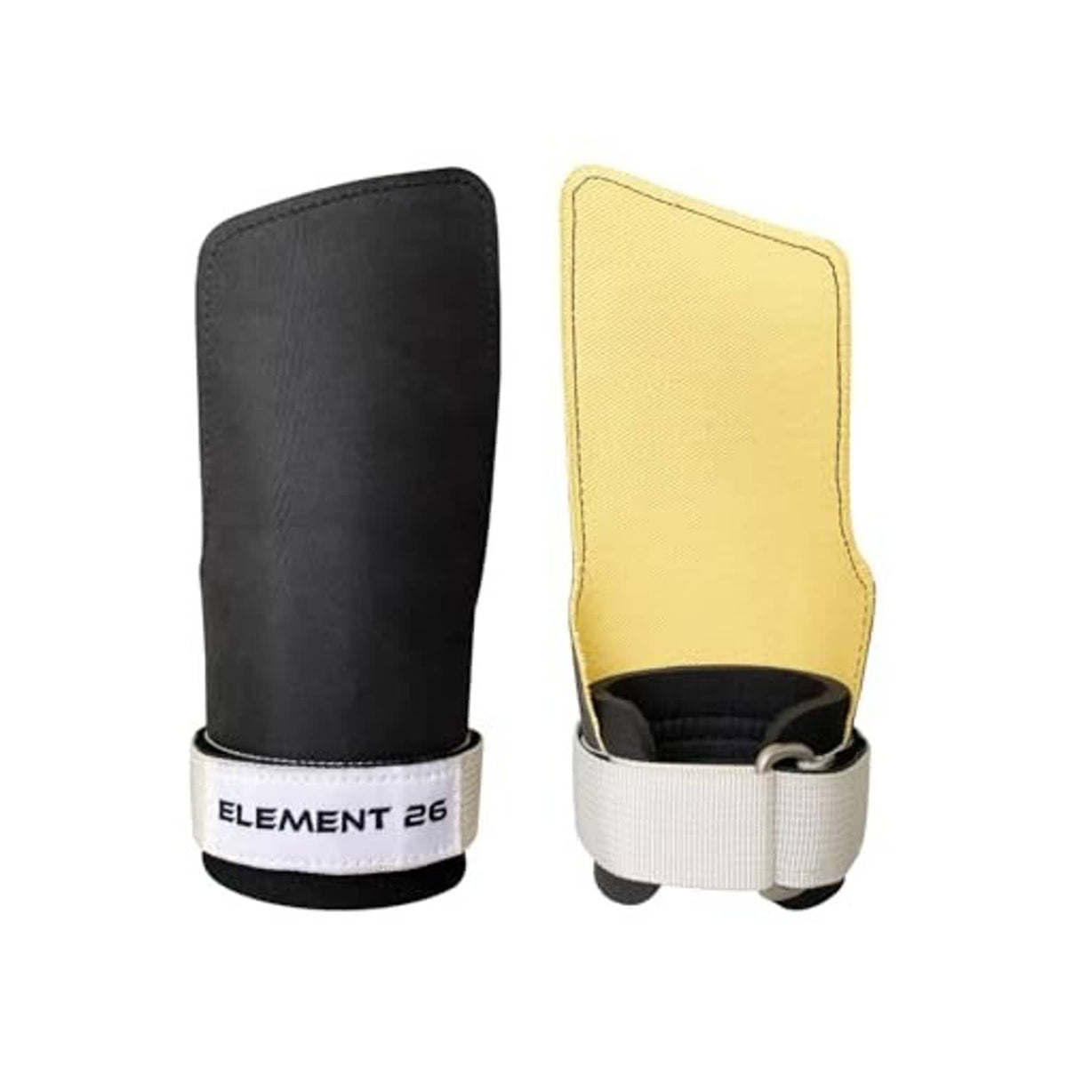 Pair of padded hand grips with wrist strap, black pads and yellow pads