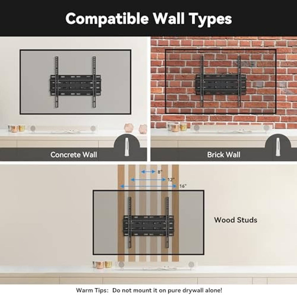 Black TV wall mount bracket shown for mounting on concrete, brick, and wood studs