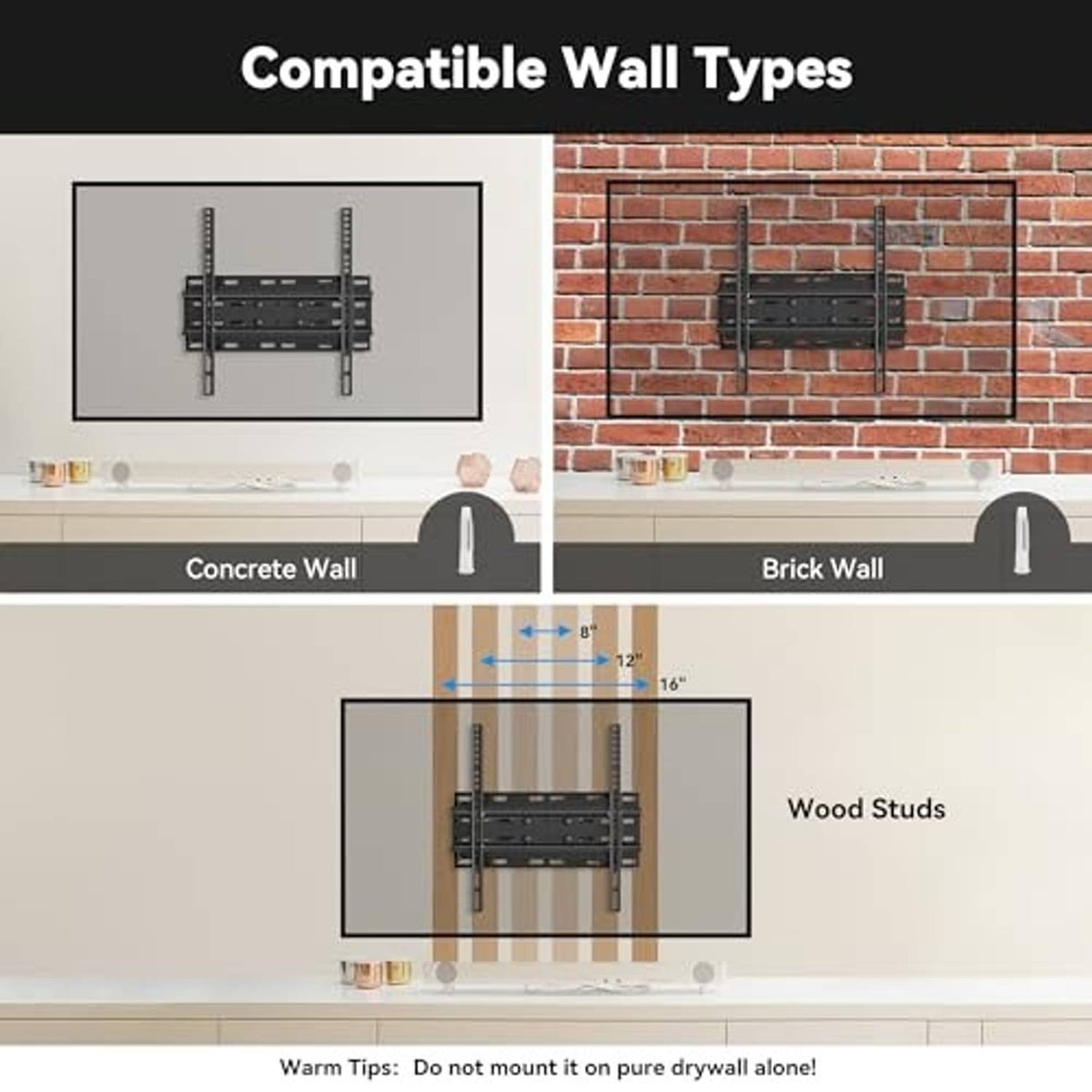 Black TV wall mount bracket shown for mounting on concrete, brick, and wood studs