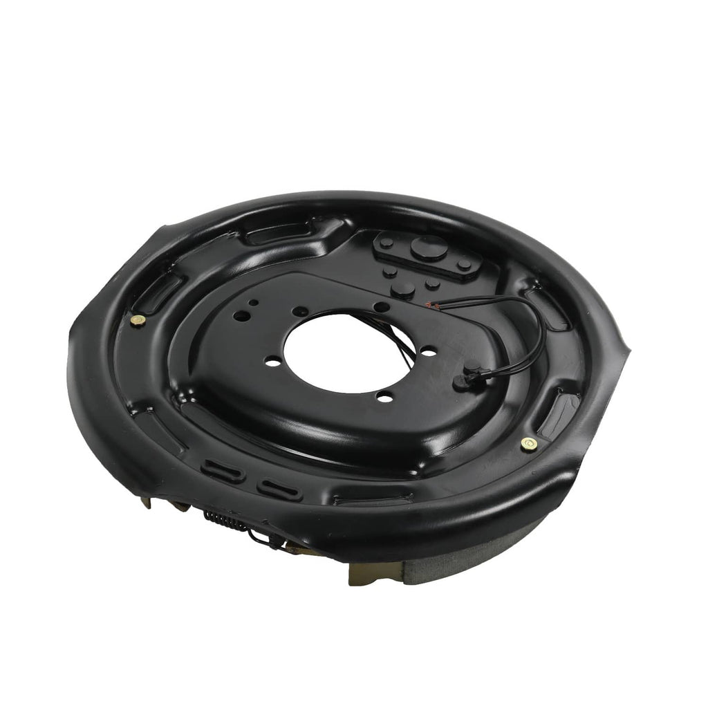 Black electric trailer brake backing plate with mounting holes and brake springs