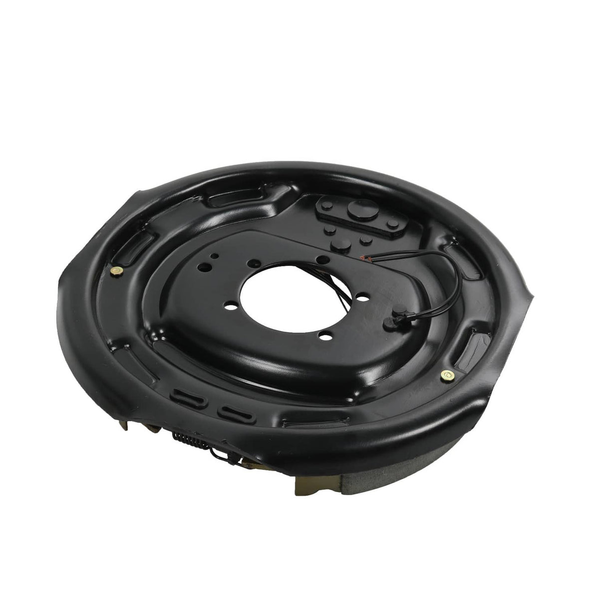 Black electric trailer brake backing plate with mounting holes and brake springs