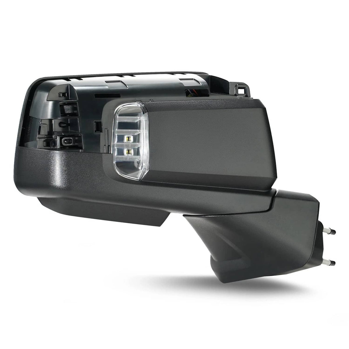 Heated passenger-side mirror with camera, dark housing and clear lamp lens, side view