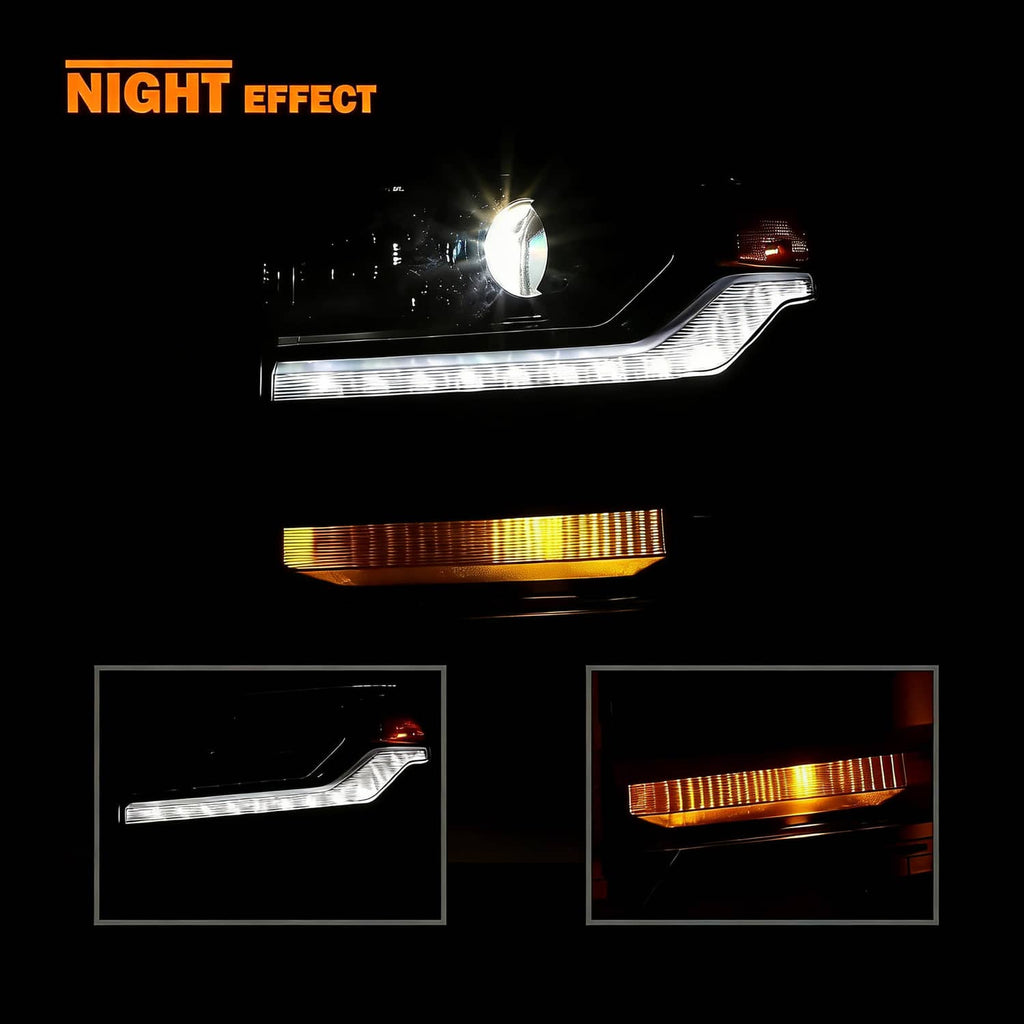Headlight corner with bright white DRL bar and amber reflector strip in dark setting