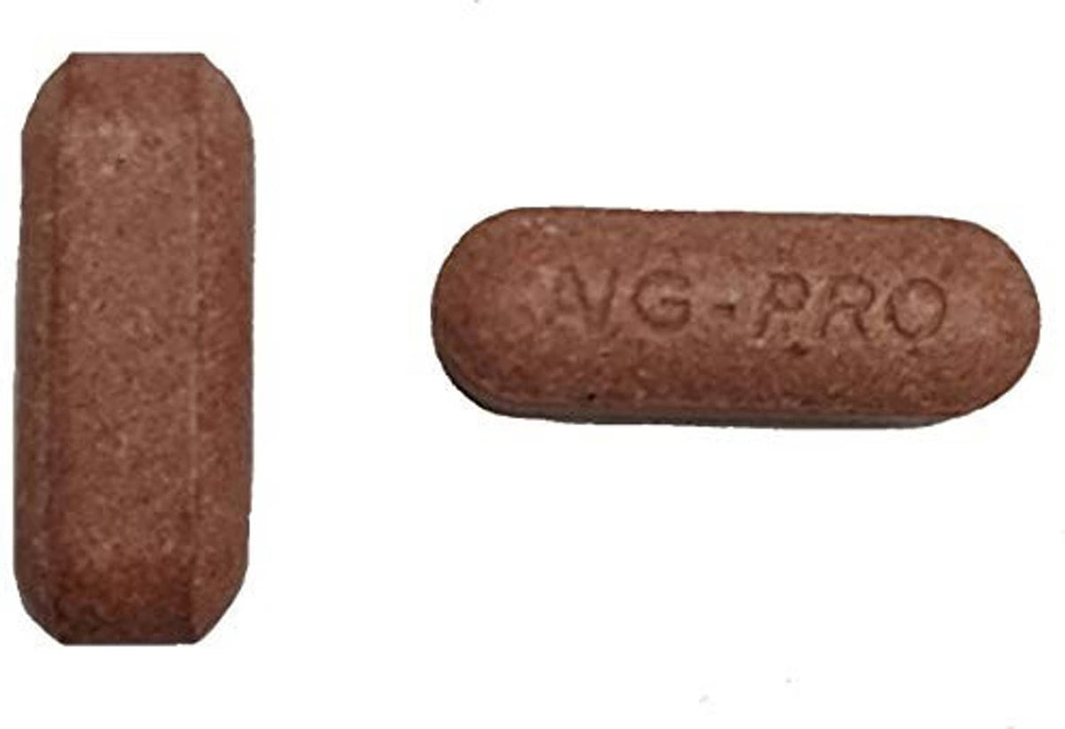 AG-PRO chewable tablets, two brown tablets with G-PRO imprint
