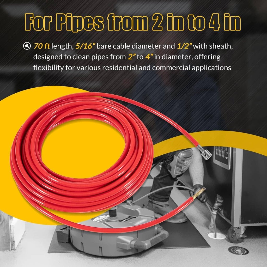 Red coiled drain-cleaning cable assembly with metal end connectors
