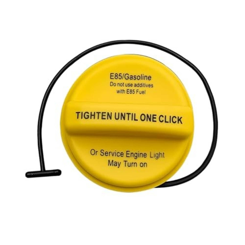 Yellow round fuel tank filler cap with black tether loop and “TIGHTEN UNTIL ONE CLICK” text