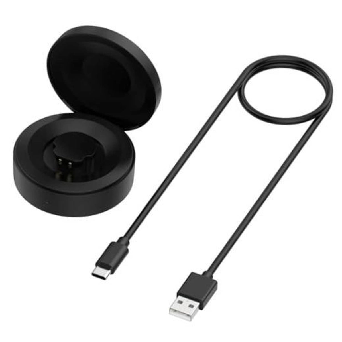 Black smart ring charging dock with open lid and USB charging cable