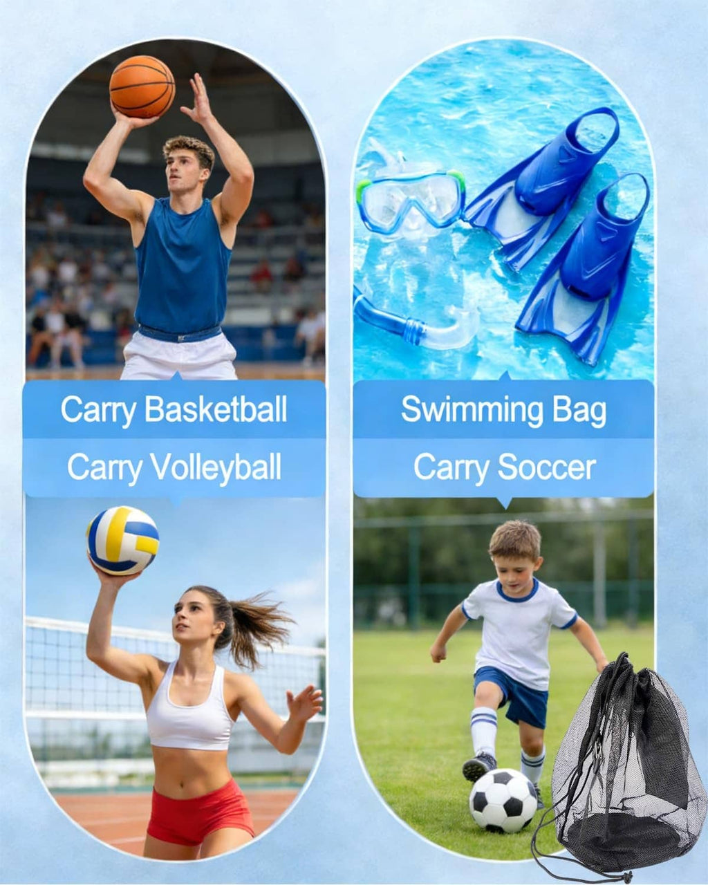 Black mesh ball bag with drawstring, holding a soccer ball