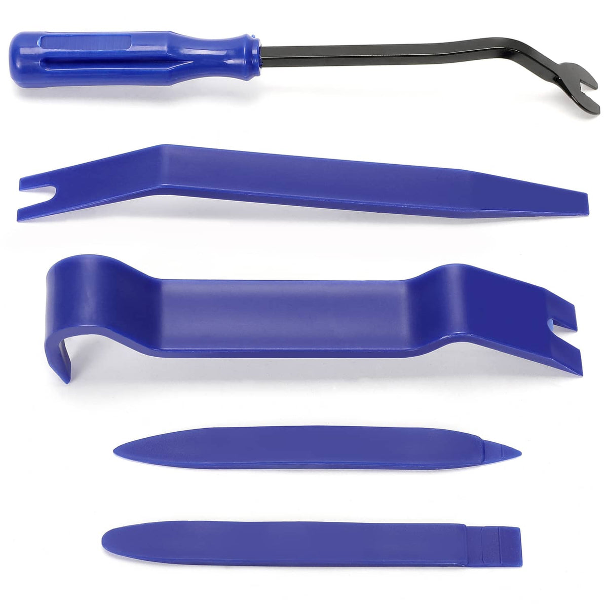 Blue clip removal pieces with black metal pry tool and curved plastic handle