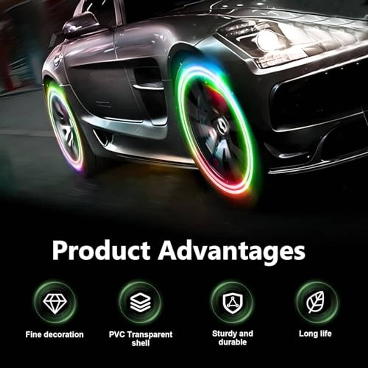 LED tire valve stem caps creating a multicolor glow around a car wheel rim