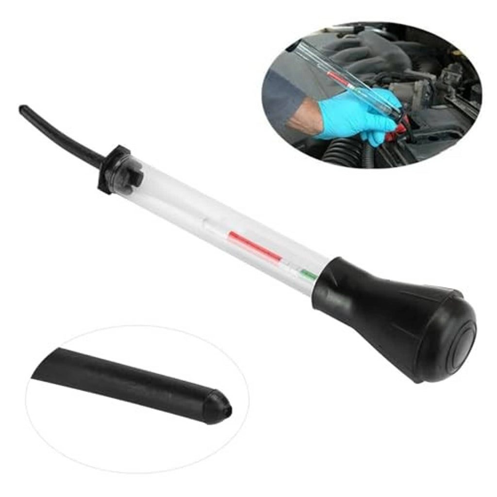 Battery hydrometer tester with clear tube, black bulb handle, and spare cover caps
