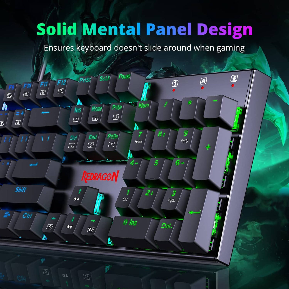 Mechanical keyboard with black keycaps and solid panel frame, RGB lighting on key rows