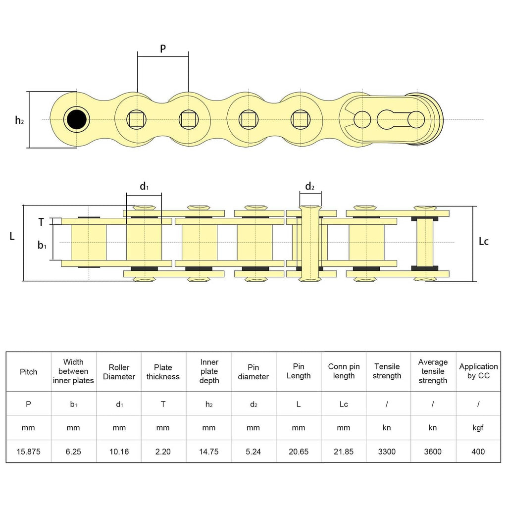 520 X-Ring drive chain technical dimension diagram with pitch and width labels