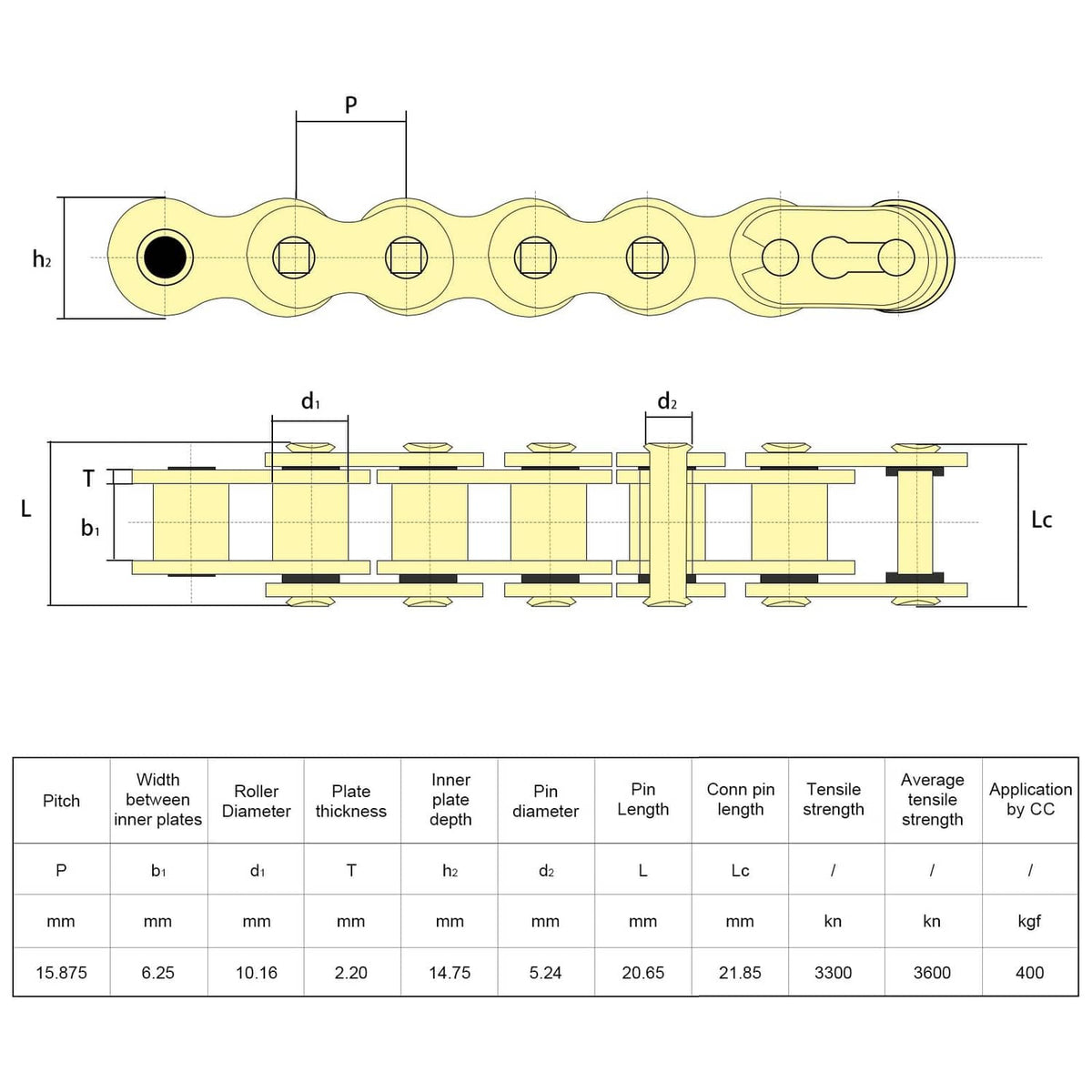 520 X-Ring drive chain technical dimension diagram with pitch and width labels