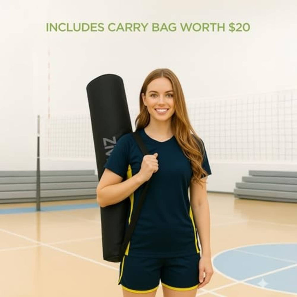Volleyball training net carry bag with tall frame and lime target panel