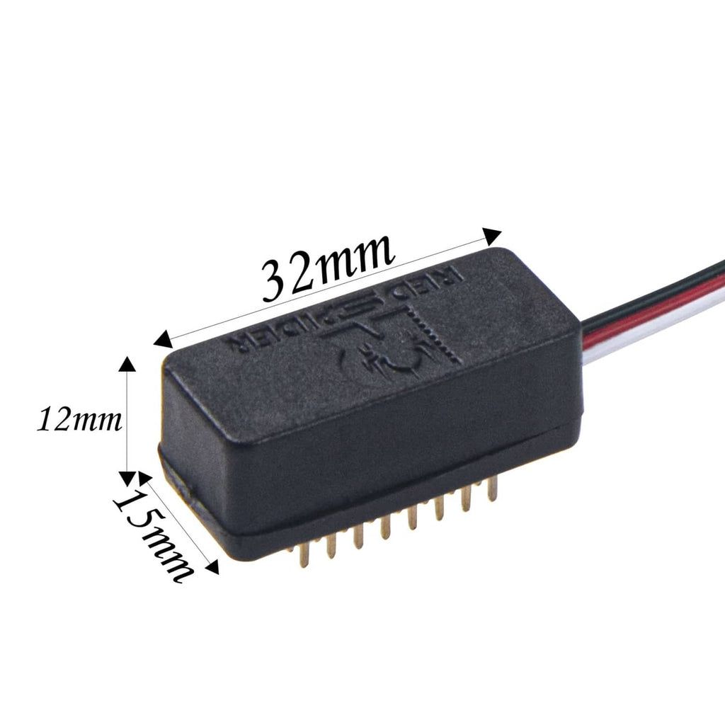 Black RC control switch extender with 32 x 12 x 7mm measurements shown and pin header