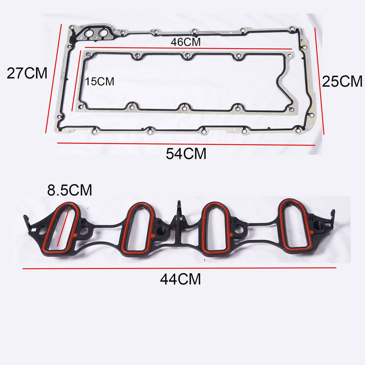 Cylinder head gasket kit laid out with measured sizes on gasket and seal pieces