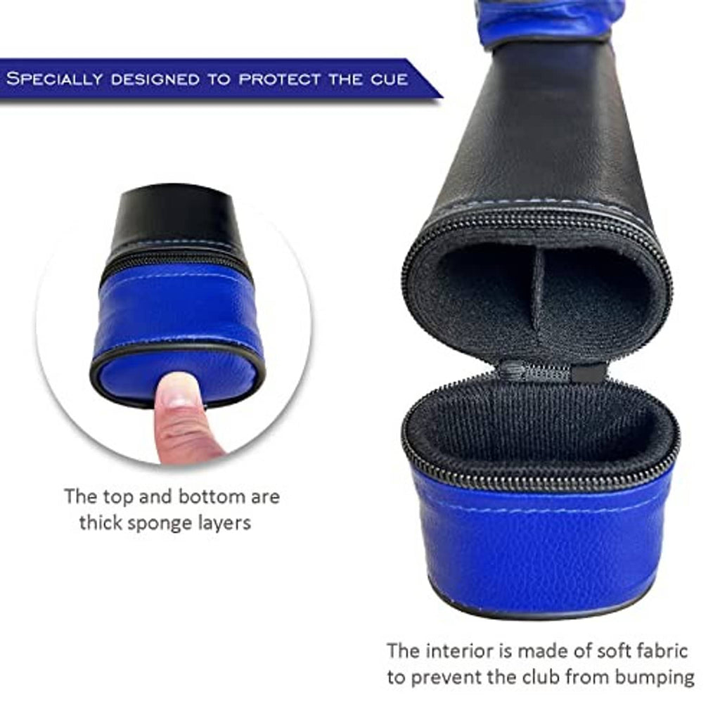 Closed blue-and-black cue case ends with thumb-access zip top and padded interior
