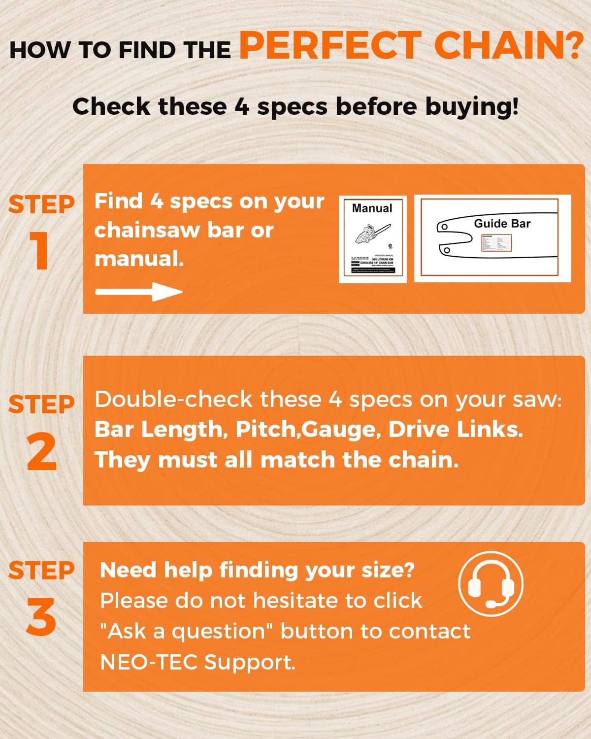Chainsaw chain fit guide card with steps for matching bar length, pitch, gauge, drive links