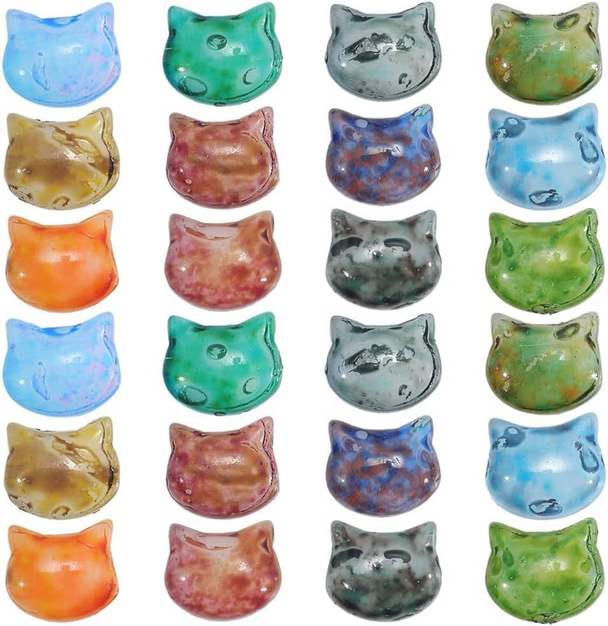 Rows of colorful cat-head glass beads with holes, assorted glossy finishes.