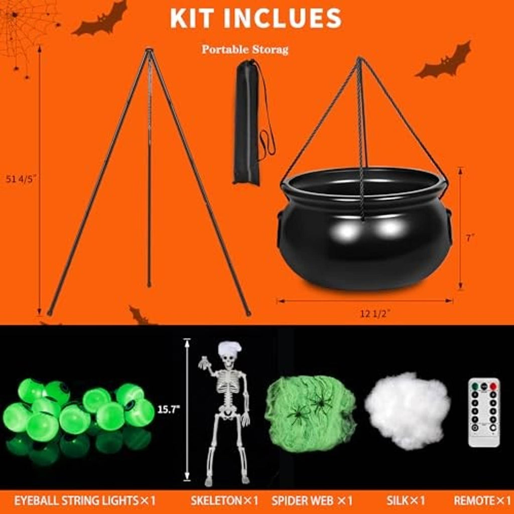 Halloween witch cauldron kit contents graphic with tripod, cauldron, remote, and web