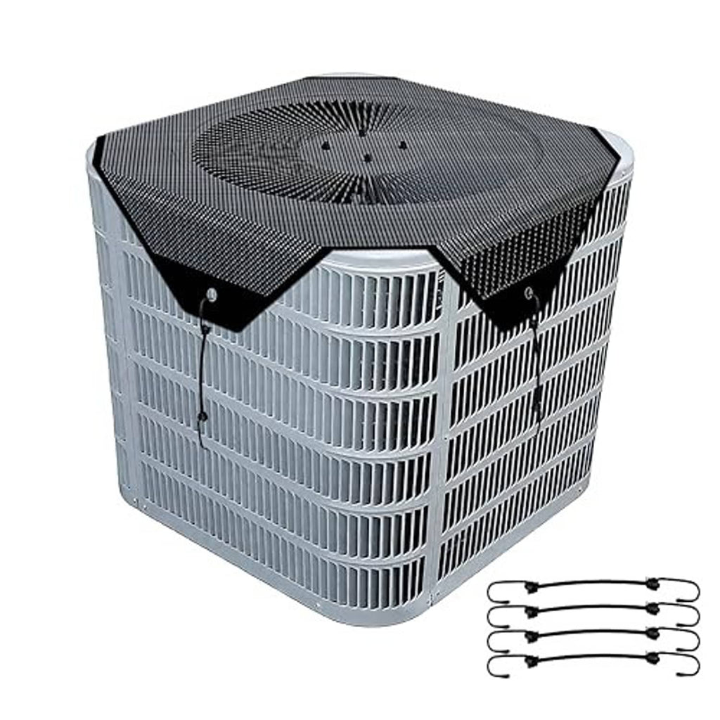 Central AC unit cover with black mesh top and fastening straps for outdoor condenser