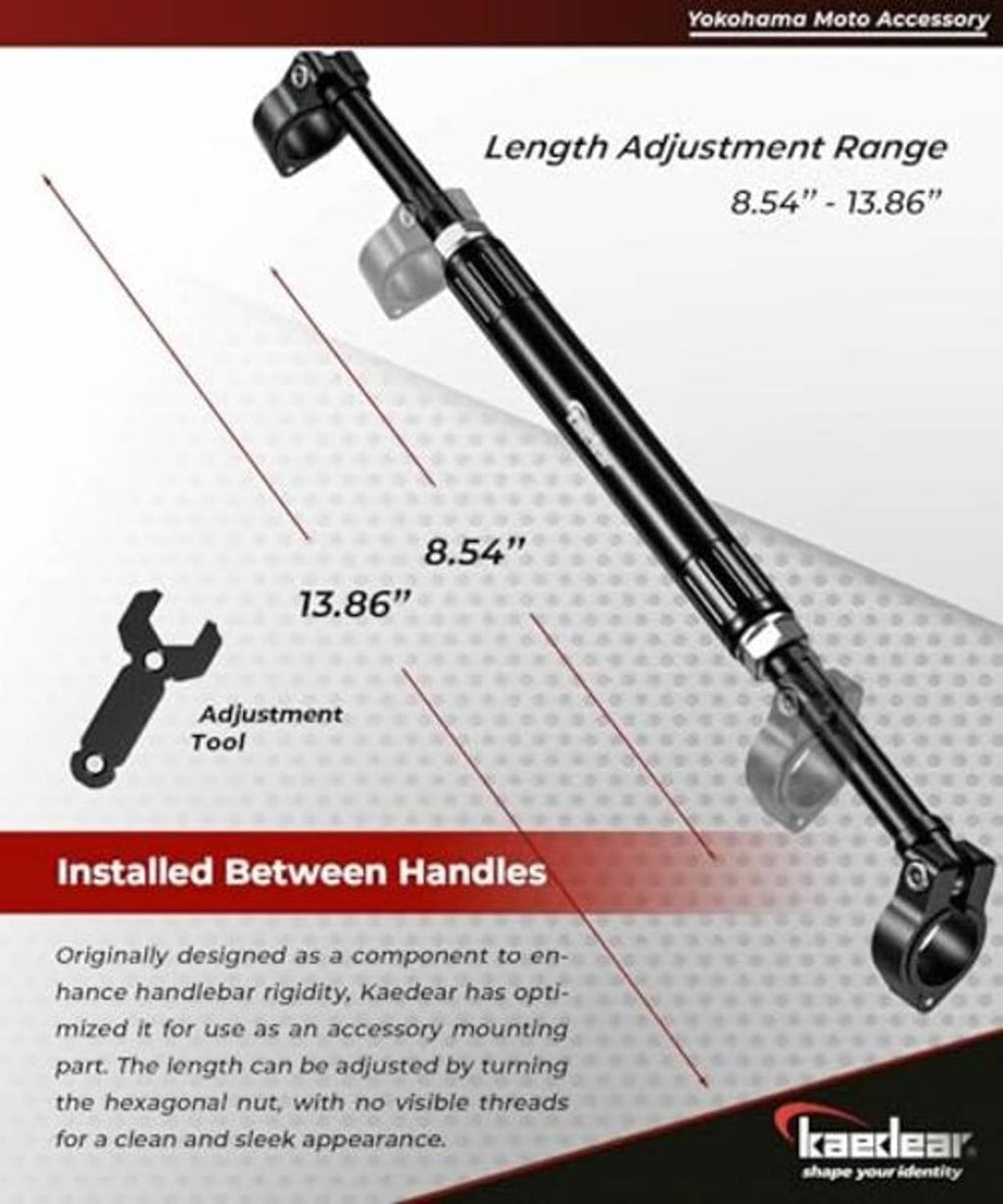 Adjustable length motorcycle brace bar with end clamps and scale marks.