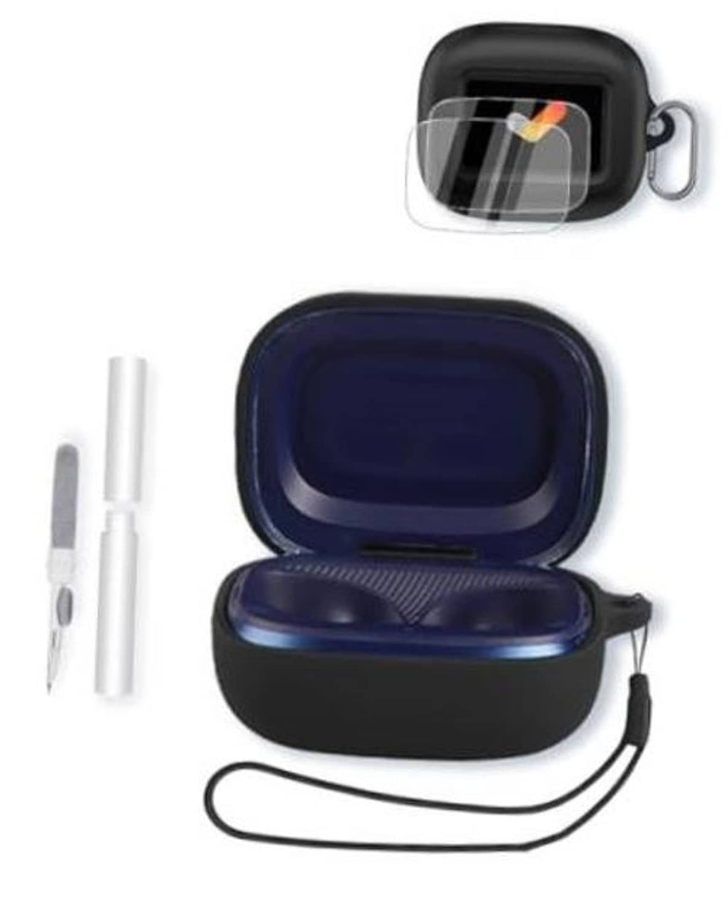 Black soft silicone earbuds case with open lid, blue interior and carabiner clip