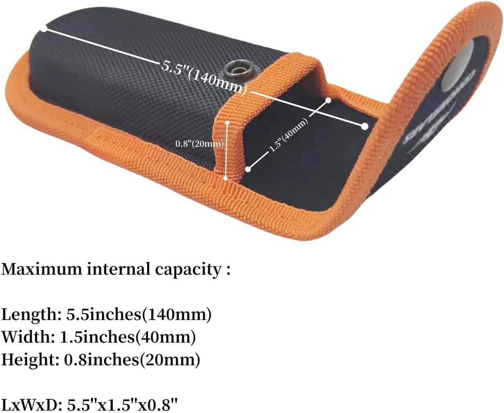 Nylon knife sheath with orange edge trim, open pocket for inserting a multitool