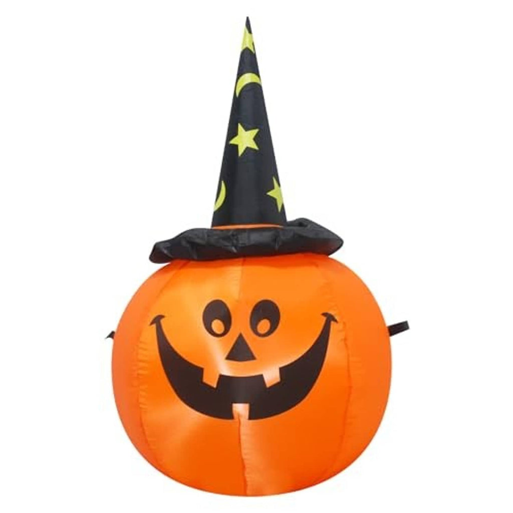 Inflatable orange pumpkin with smiling jack-o'-lantern face and pointed witch hat